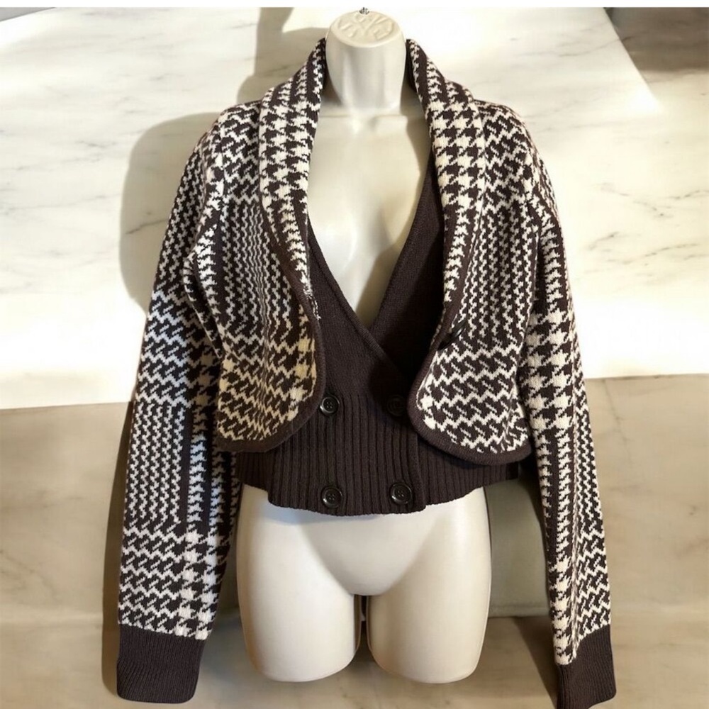 Anthropologie Cartonnier Wool Brown Faux Vest Houndstooth
Cardigan Sweater